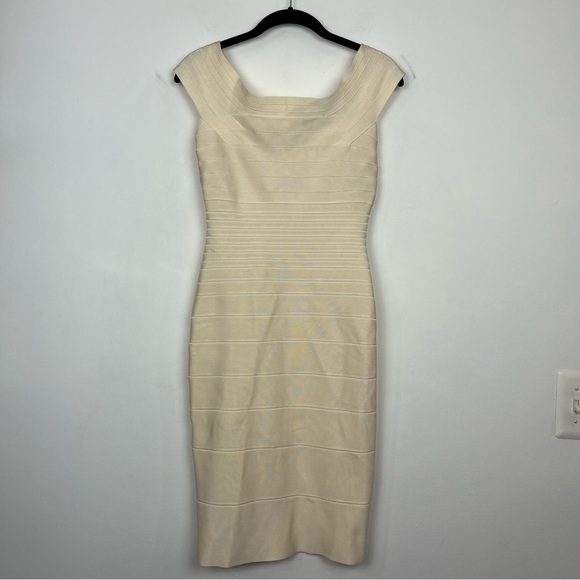 Herve Leger Dress Celebrity Herve Leger Beige Bandage Knit Off-Shoulder  Mini Dress S Herve Leger